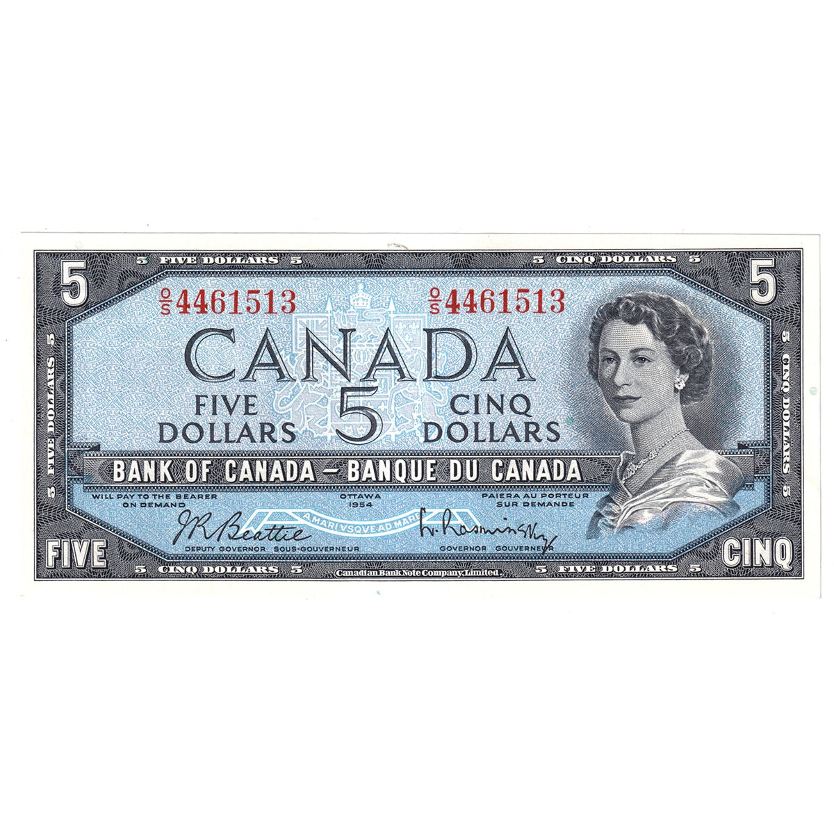 BC-39b 1954 Canada $5 Beattie-Rasminsky, O/S, Choice Uncirculated (CUNC63)