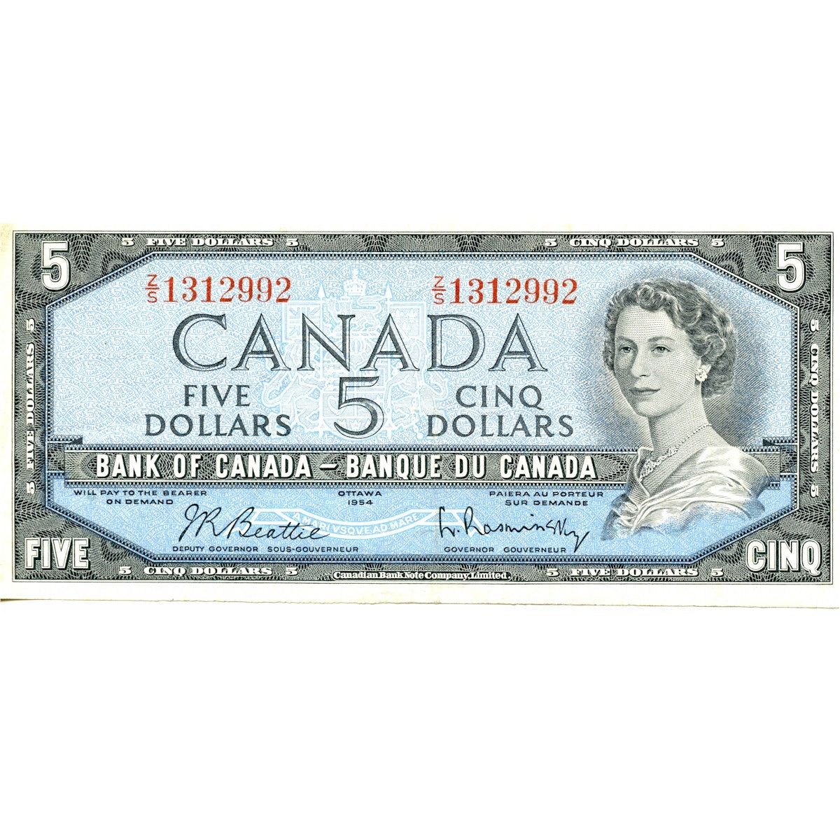 BC-39b 1954 Canada $5 Beattie-Rasminsky, Z/S, Very Fine (VF20)