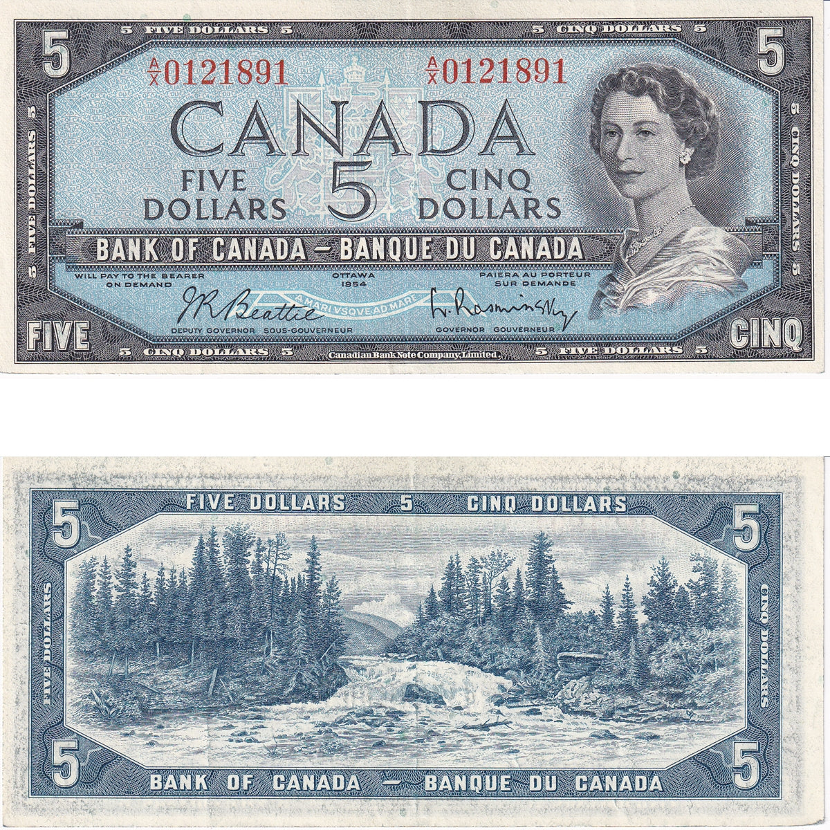 BC-39b 1954 Canada $5 Beattie-Rasminsky, A/X, VF-EF (VF30)