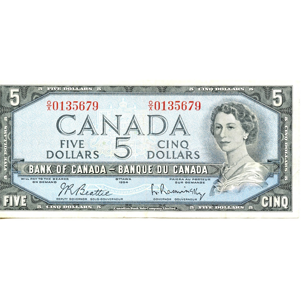 BC-39b 1954 Canada $5 Beattie-Rasminsky, O/X, Very Fine (VF20)