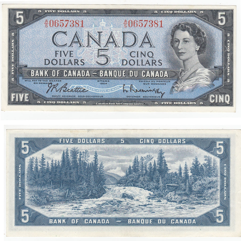 BC-39b 1954 Canada $5 Beattie-Rasminsky, A/S, Almost Uncirculated (AU50)