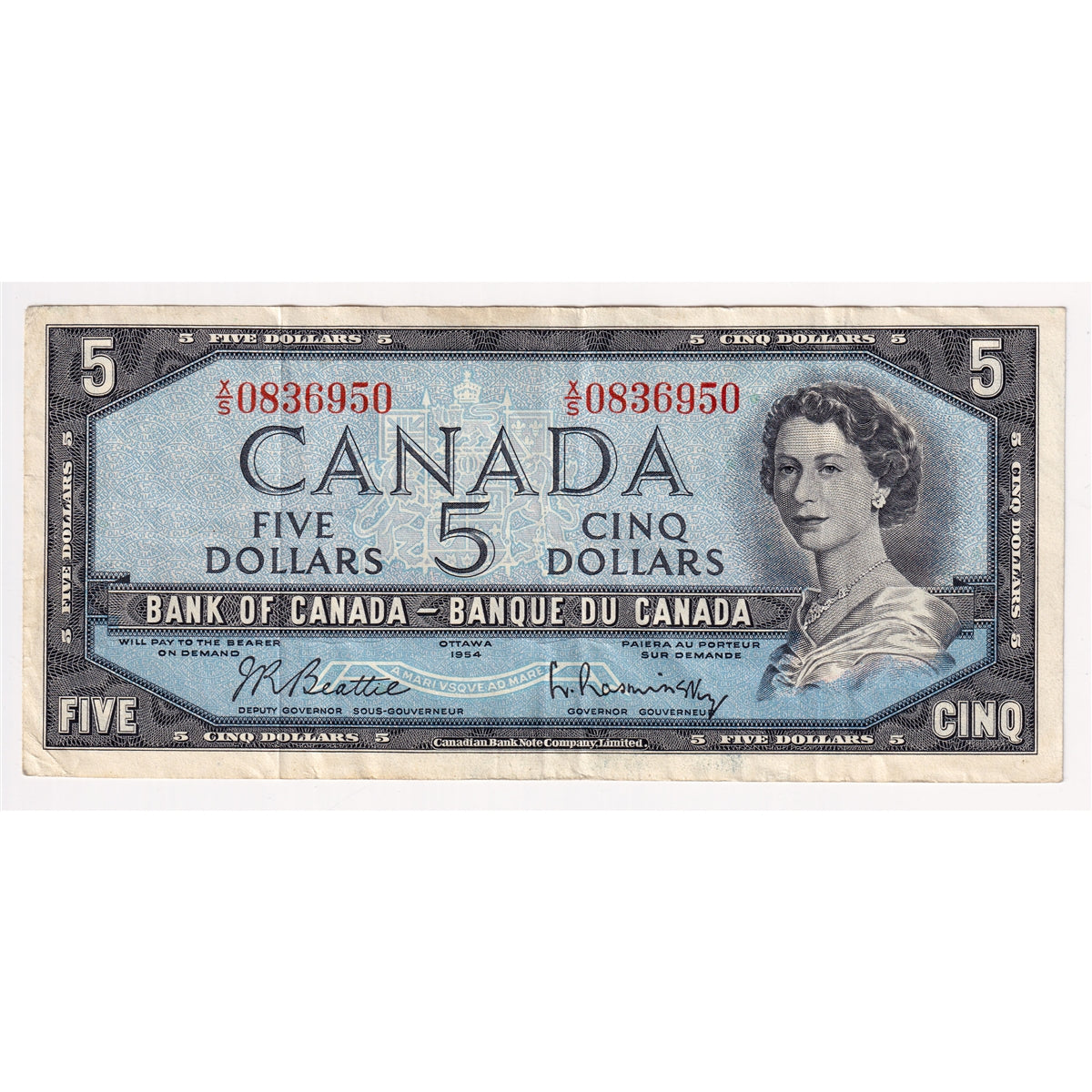 BC-39b 1954 Canada $5 Beattie-Rasminsky, X/S, VF-EF (VF30)