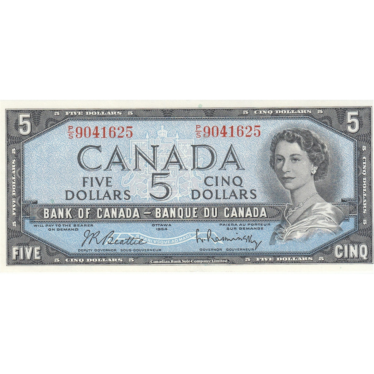 BC-39b 1954 Canada $5 Beattie-Rasminsky, P/S, Almost Uncirculated (AU50)