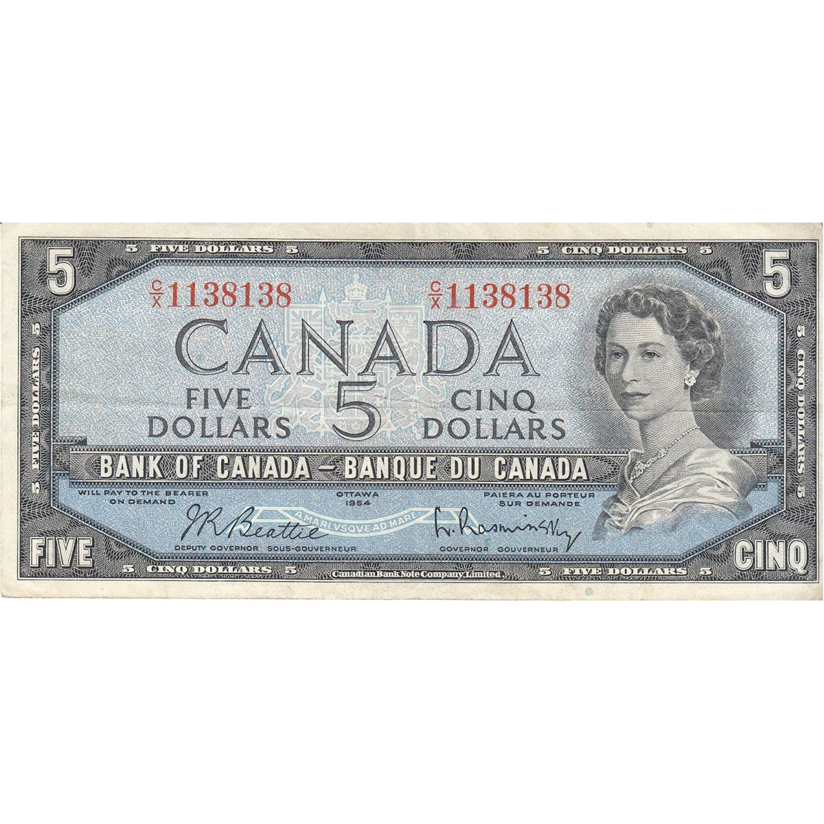 BC-39b 1954 Canada $5 Beattie-Rasminsky, C/X, Very Fine (VF20)
