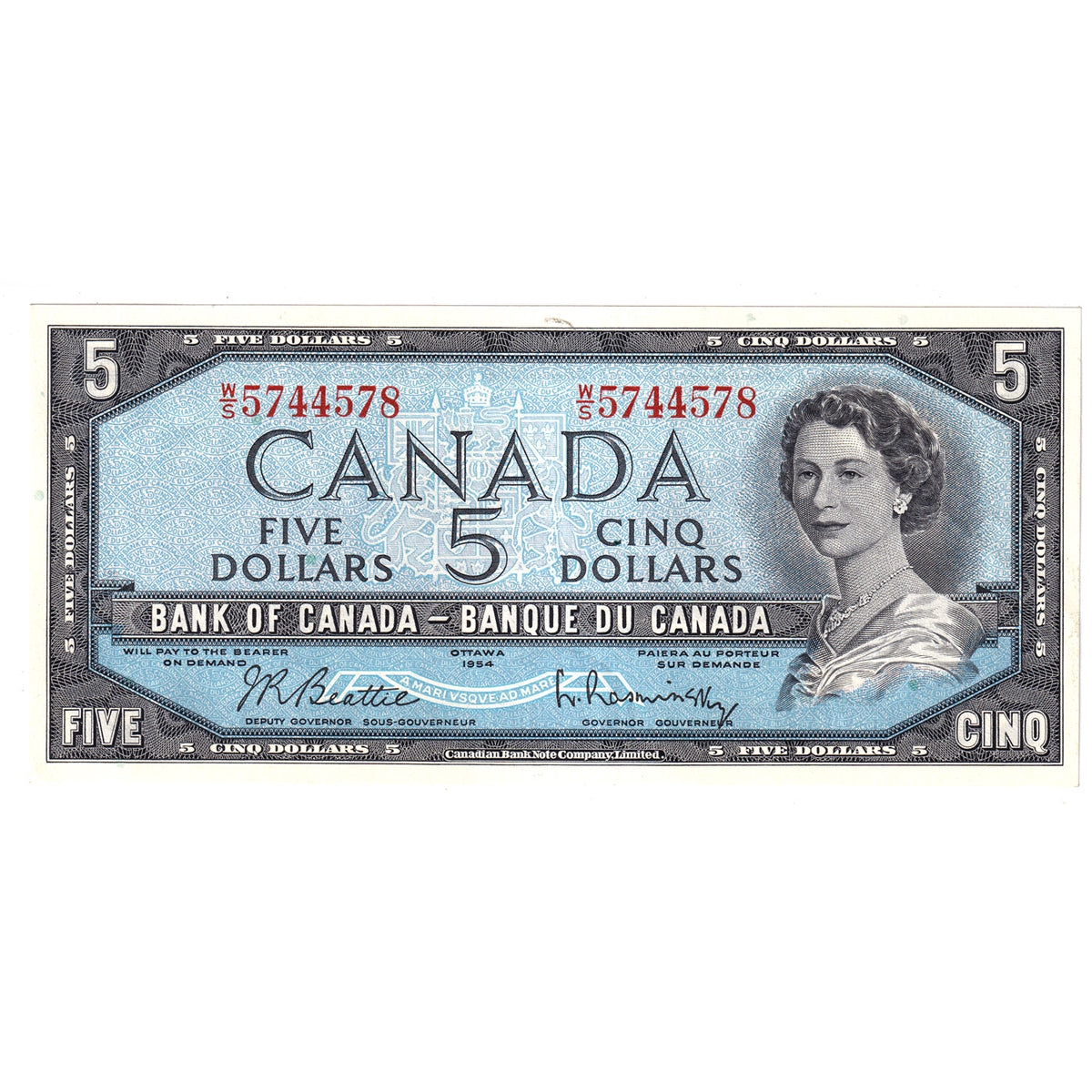 BC-39b 1954 Canada $5 Beattie-Rasminsky, W/S, AU-UNC (AU55)