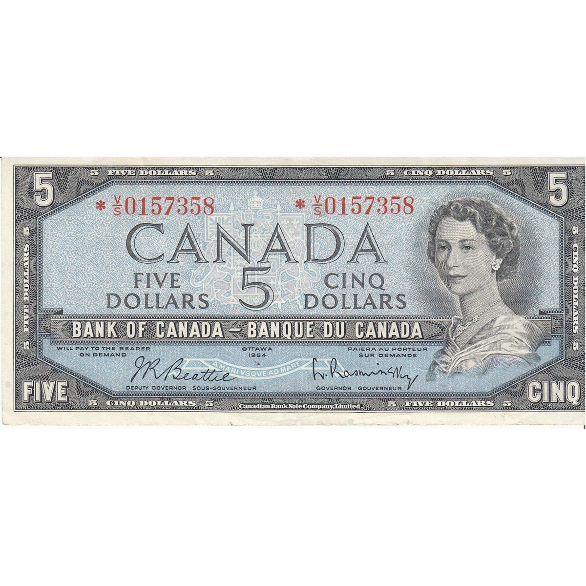 BC-39bA 1954 Canada $5 Beattie-Rasminsky, *V/S, Very Fine (VF20)