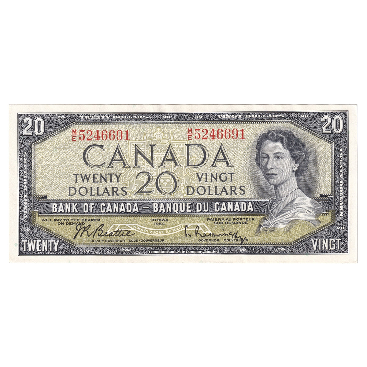 BC-41b 1954 Canada $20 Beattie-Rasminsky, M/E, Almost Uncirculated (AU50)