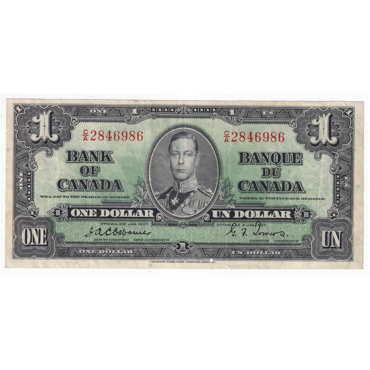 BC-21a 1937 Canada $1 Osborne-Towers, C/A, Very Fine (VF20)
