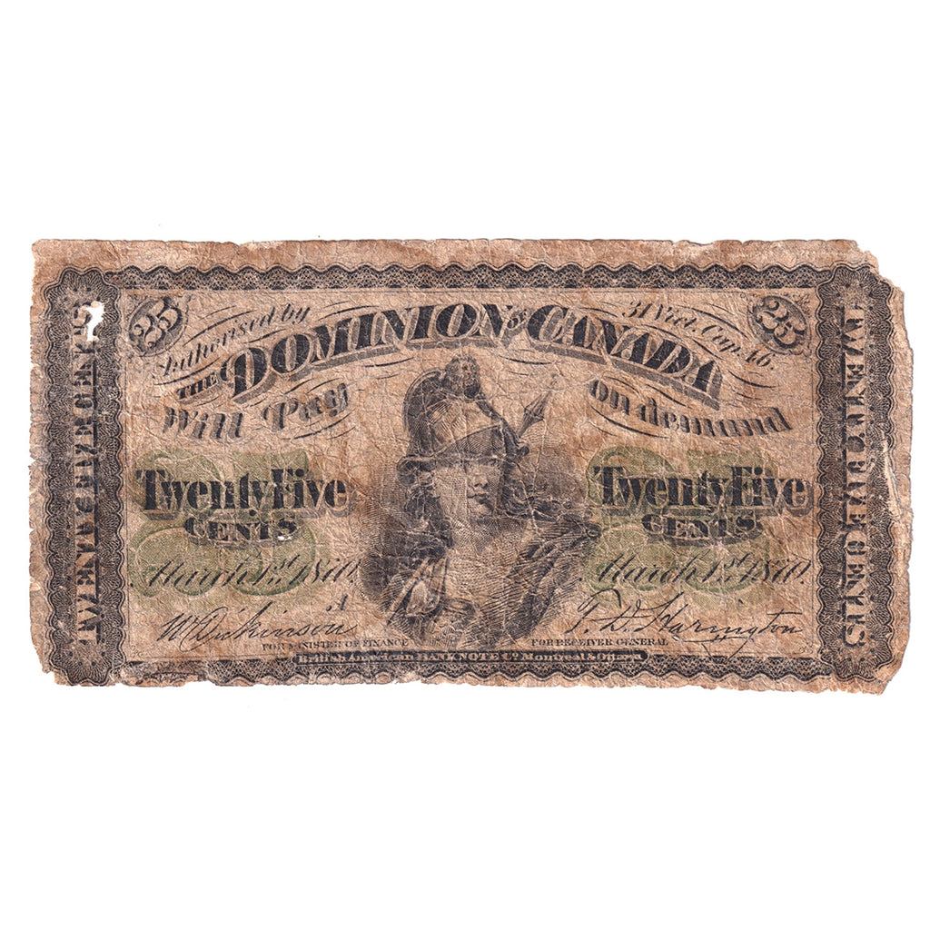 DC-1 1870 Dominion 25-cent Shinplaster, Dickinson-Harington, Series A, Circ