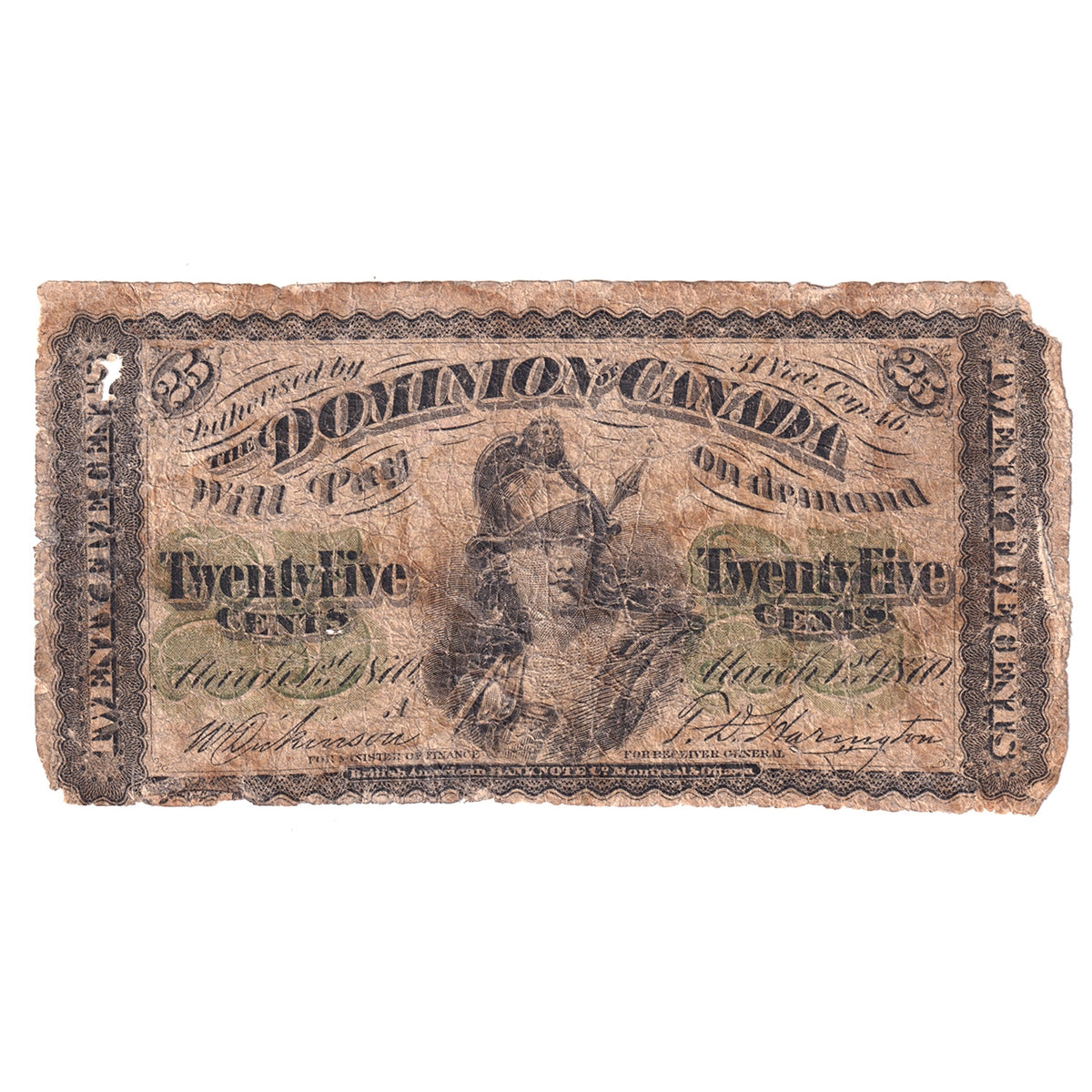 DC-1 1870 Dominion 25-cent Shinplaster, Dickinson-Harington, Series A, Circ