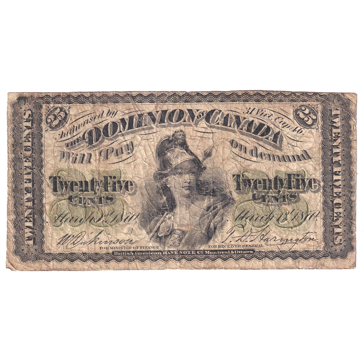 DC-1b 1870 Dominion 25-cent Shinplaster, Dickinson-Harington, Large B, Very Good (VG8)