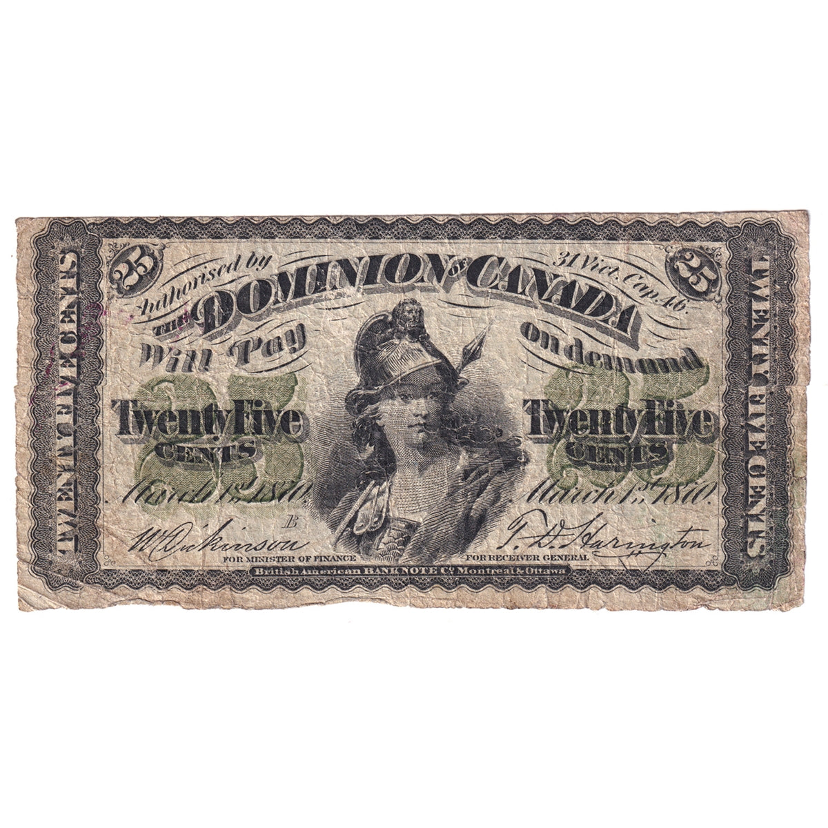 DC-1b-i 1870 Dominion 25-cent Shinplaster, Dickinson-Harington, Small B, Fine (F12)