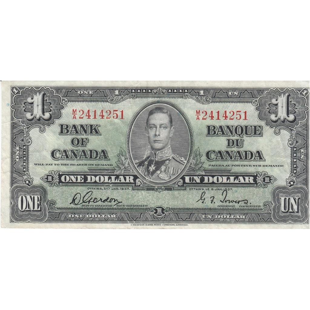 BC-21c 1937 Canada $1 Gordon-Towers, M/A, Very Fine (VF20)