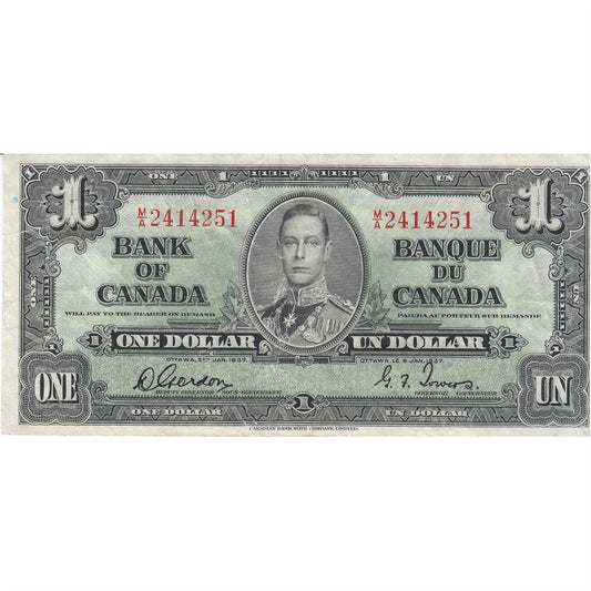 BC-21c 1937 Canada $1 Gordon-Towers, M/A, Very Fine (VF20)
