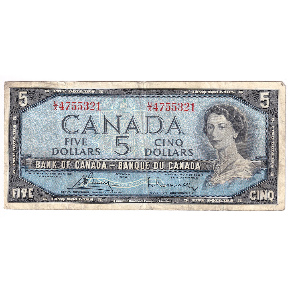 BC-39c 1954 Canada $5 Bouey-Rasminsky, U/X, Circ