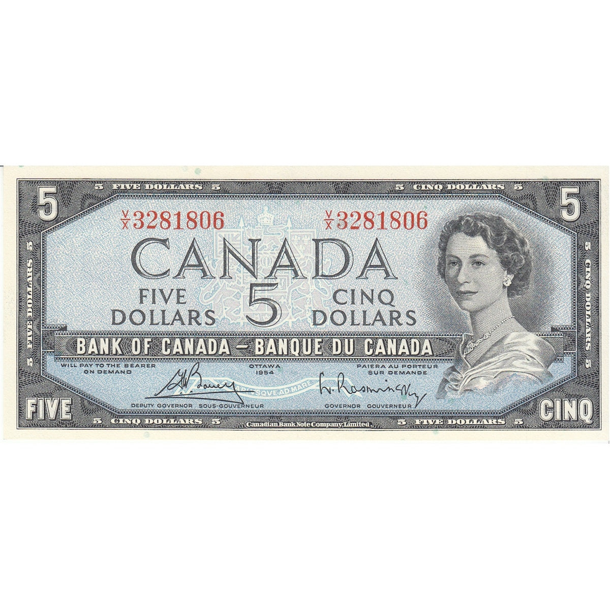 BC-39c 1954 Canada $5 Bouey-Rasminsky, V/X, Choice Uncirculated (CUNC63)