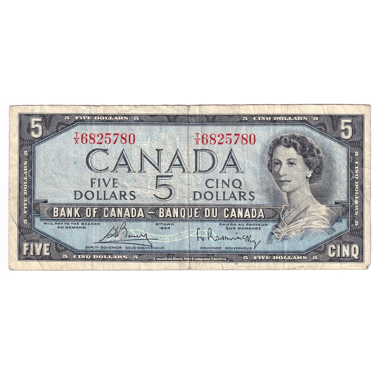 BC-39c 1954 Canada $5 Bouey-Rasminsky, T/X, Circ