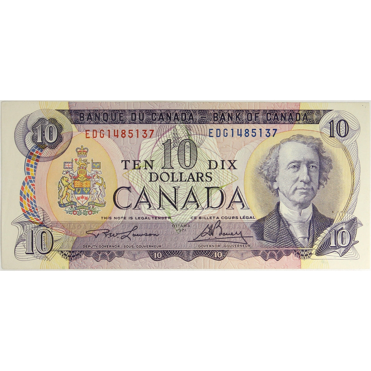 BC-49c-i 1971 Canada $10 Lawson-Bouey, EDG, Almost Uncirculated (AU50)