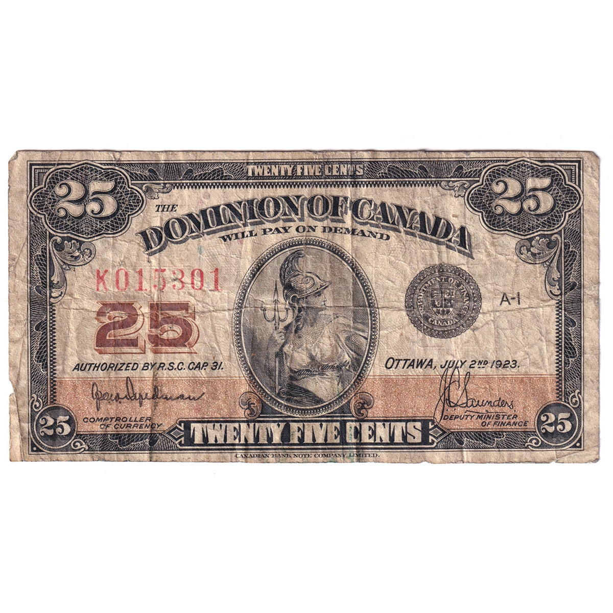 DC-24a 1923 Dominion 25-cent Shinplaster, Hyndman-Saunders, Authorized, F-VF (F15)