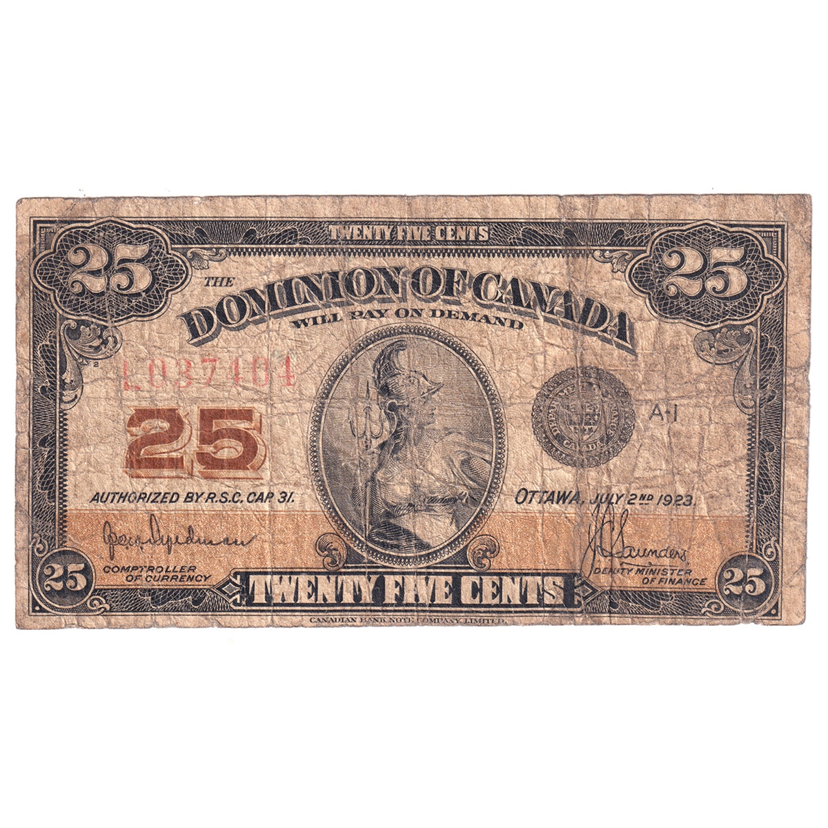 DC-24a 1923 Dominion 25-cent Shinplaster, Hyndman-Saunders, Authorized, Very Good (VG8)
