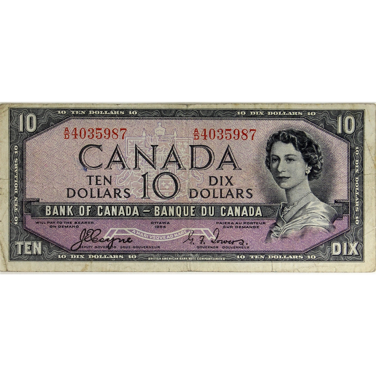 BC-32a 1954 Canada $10 Coyne-Towers, Devil's Face, A/D, Fine (F12)