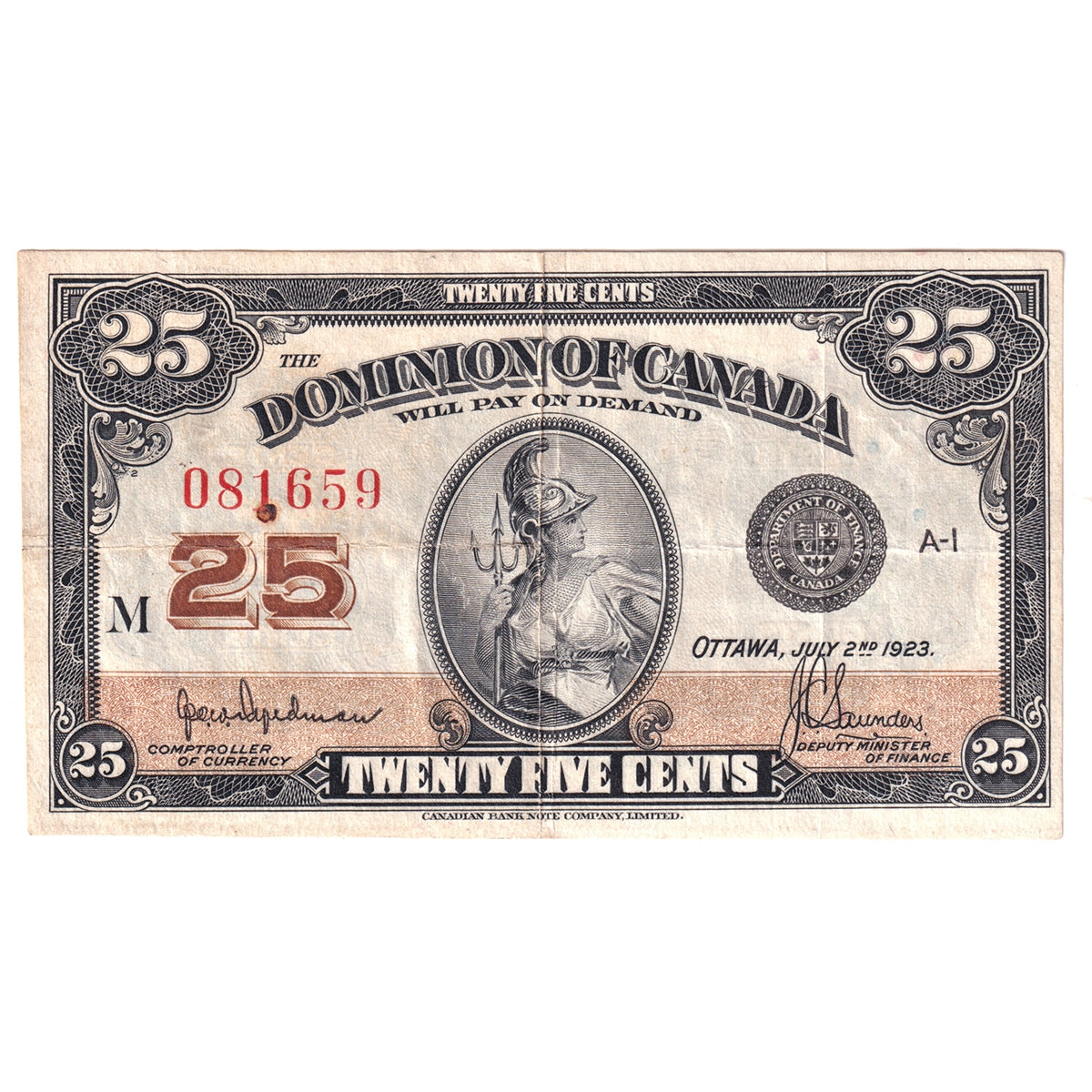 DC-24b 1923 Dominion 25-cent Shinplaster, Hyndman-Saunders, No Authorized, VF-EF (VF30)