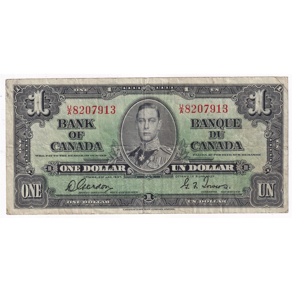 BC-21c 1937 Canada $1 Gordon-Towers, U/A, F-VF (F15)