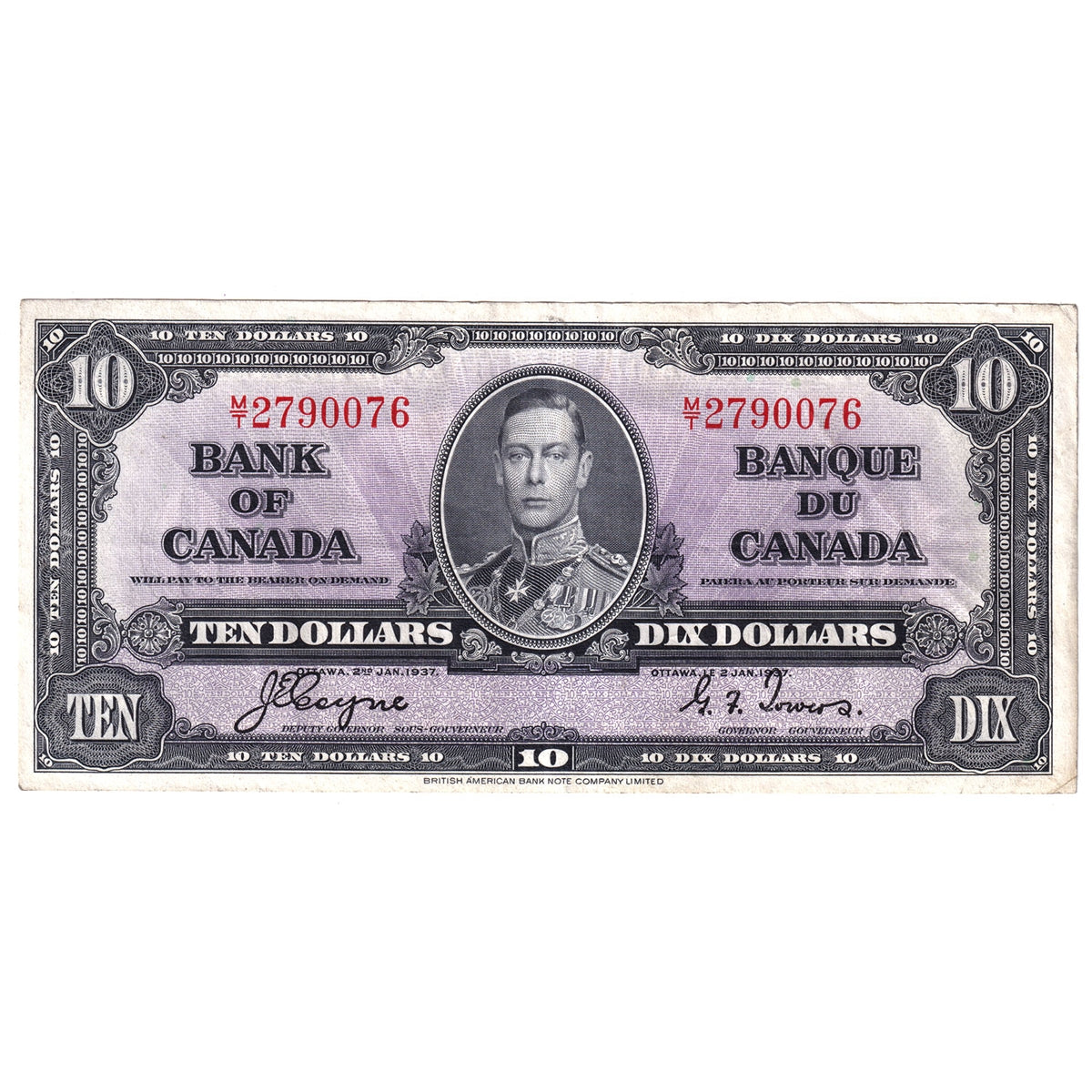 BC-24c 1937 Canada $10 Coyne-Towers, M/T, EF