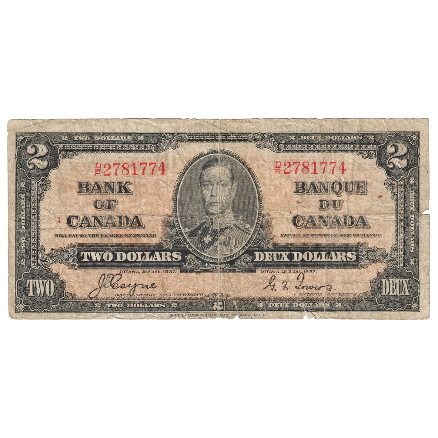 BC-22c 1937 Canada $2 Coyne-Towers, D/R, Circulated