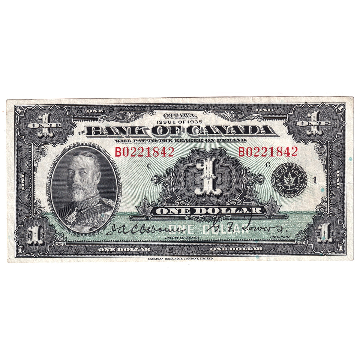 BC-1 1935 Canada $1 Osborne-Towers, English, Series B, Extra Fine (EF40)