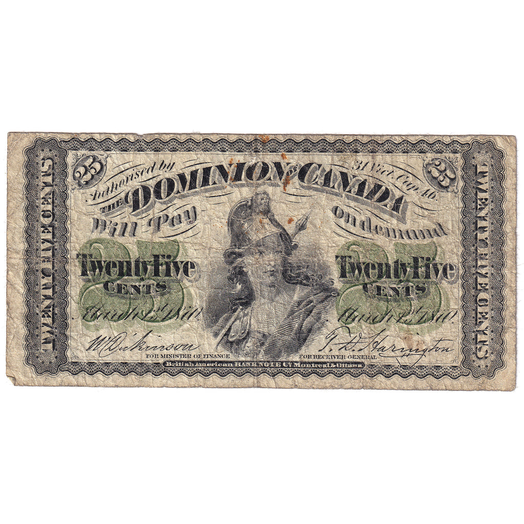 DC-1c 1870 Dominion 25 cent Shinplaster Dickinson-Harington Plain Series, Very Good (VG8)