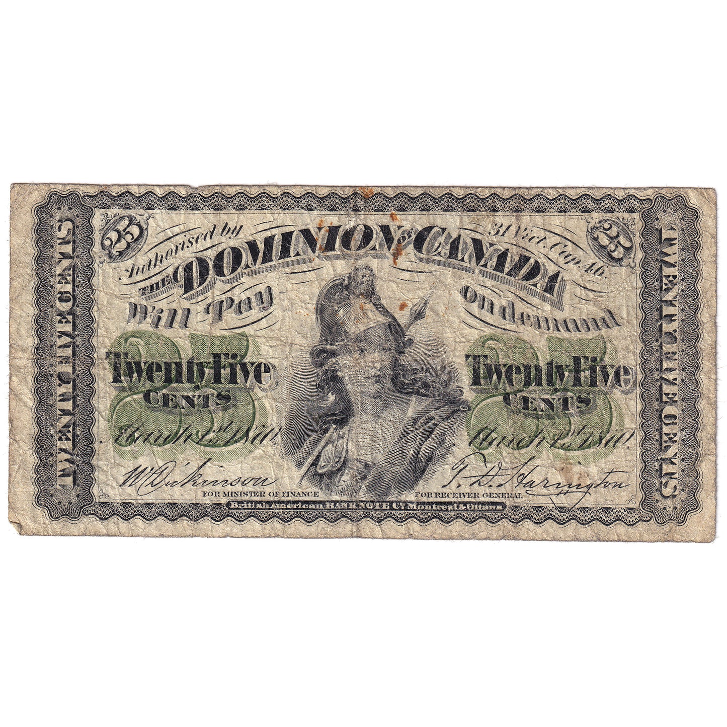 DC-1c 1870 Dominion 25 cent Shinplaster Dickinson-Harington Plain Series, Very Good (VG8)