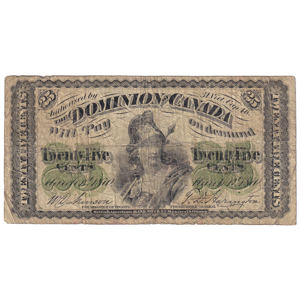 DC-1c 1870 Dominion 25 cent Shinplaster Dickinson-Harington Plain Series, G-VG (G6)