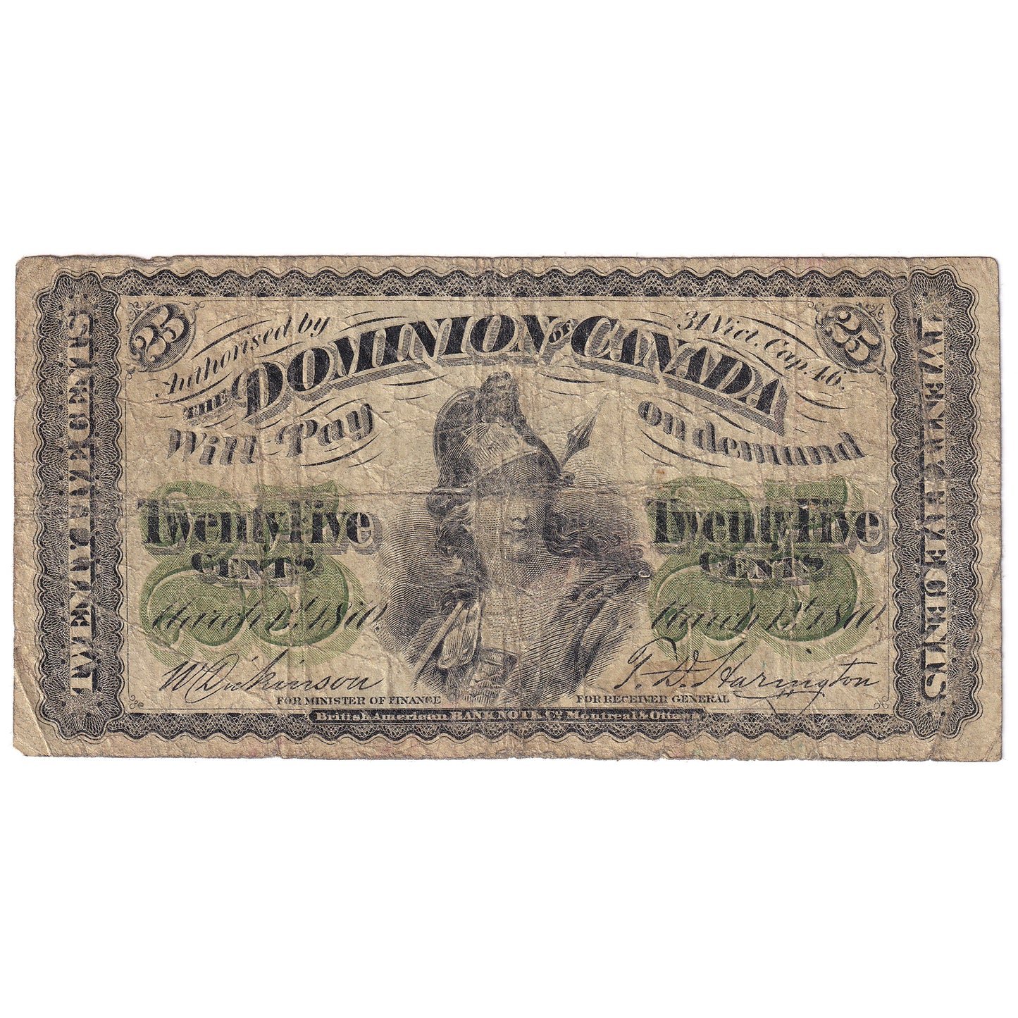 DC-1c 1870 Dominion 25 cent Shinplaster Dickinson-Harington Plain Series, G-VG (G6)