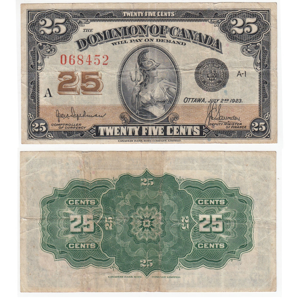 DC-24b 1923 Dominion 25 cent Shinplaster Hyndman-Saunders, No Authorized, Fine (F12)