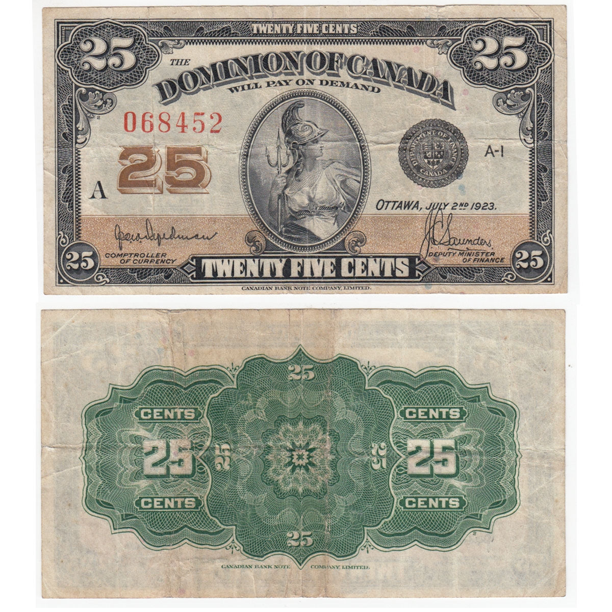 DC-24b 1923 Dominion 25 cent Shinplaster Hyndman-Saunders, No Authorized, Fine (F12)