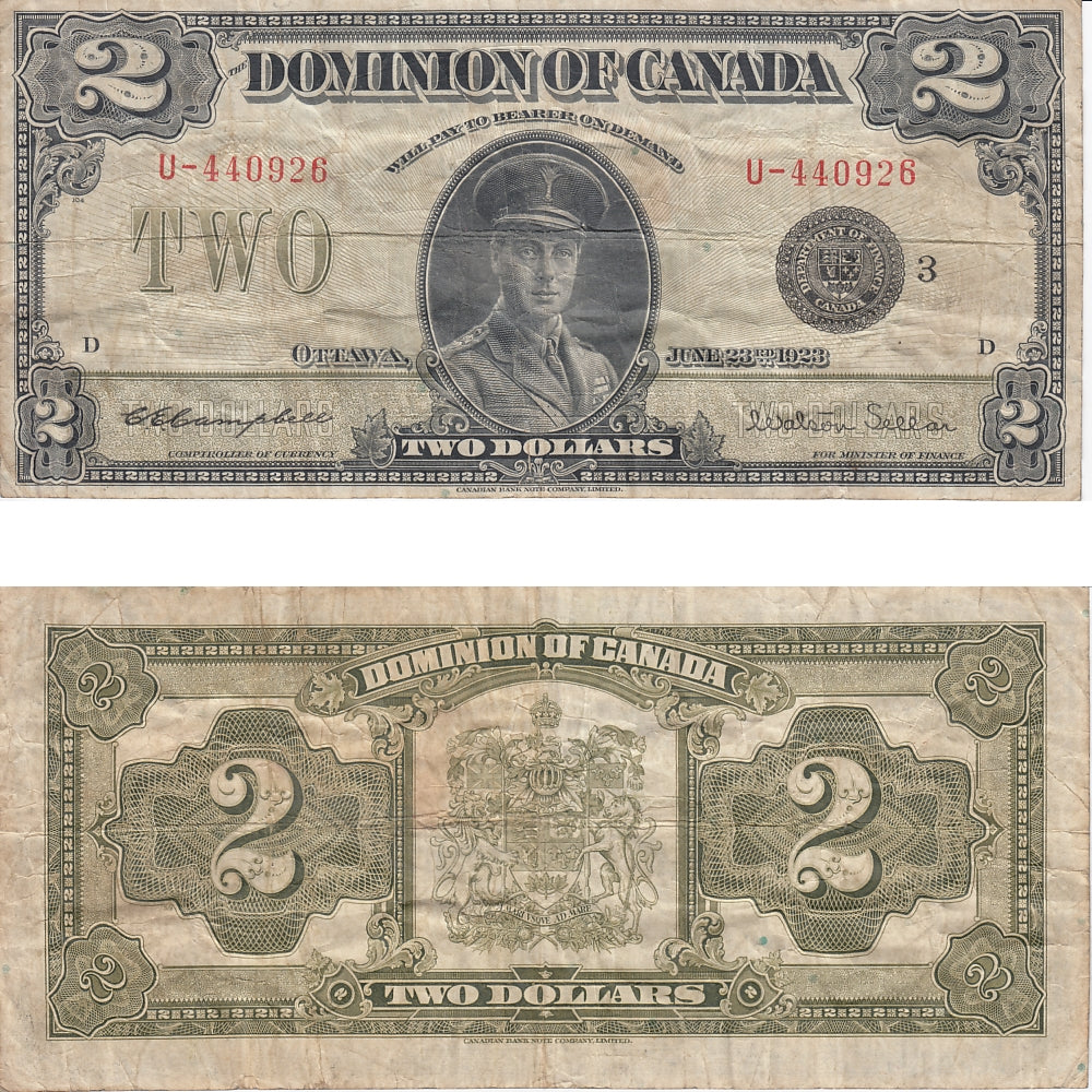 DC-26j 1923 Dominion $2 Campbell-Sellar, Black Seal, Group 3, Series U, F-VF (F15)
