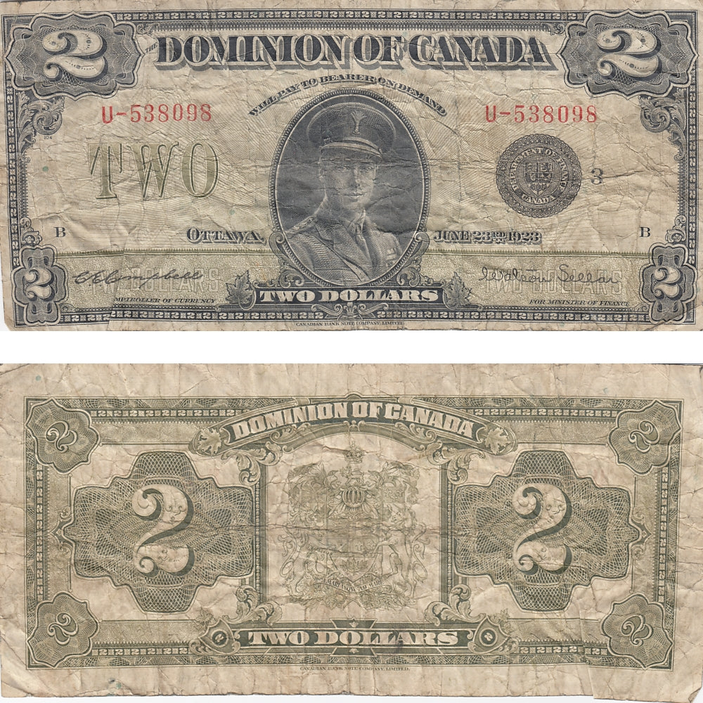 DC-26j 1923 Dominion $2 Campbell-Sellar, Black Seal, Group 3, Series U, VG-F (VG10)