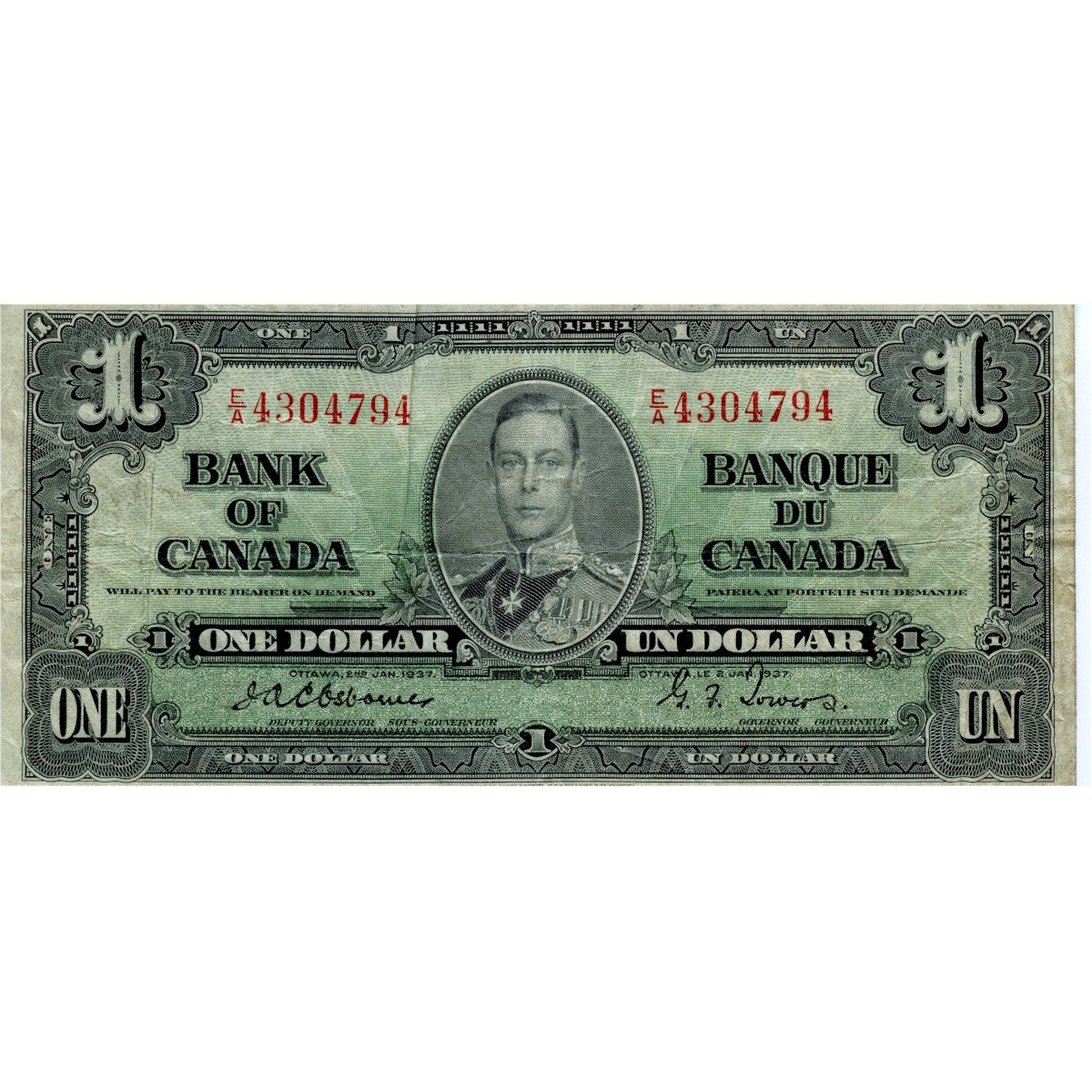 BC-21a 1937 Canada $1 Osborne-Towers, E/A, F-VF (F15)