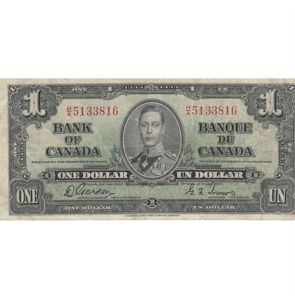 BC-21b 1937 Canada $1 Gordon-Towers, Narrow Panel, H/A, F-VF (F15)