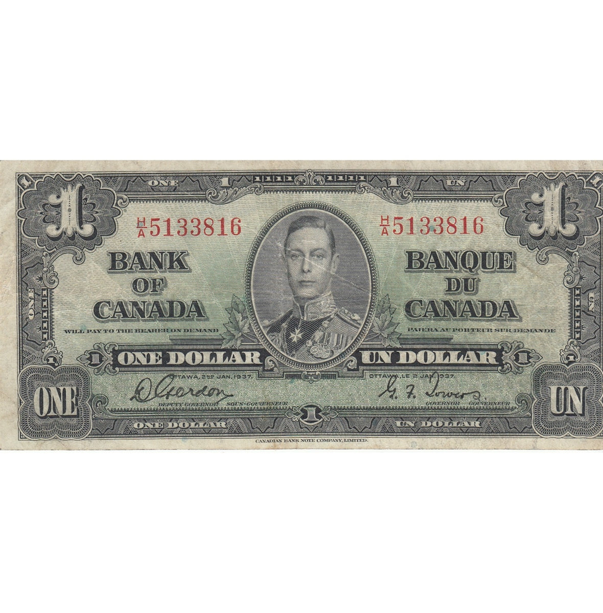 BC-21b 1937 Canada $1 Gordon-Towers, Narrow Panel, H/A, F-VF (F15)