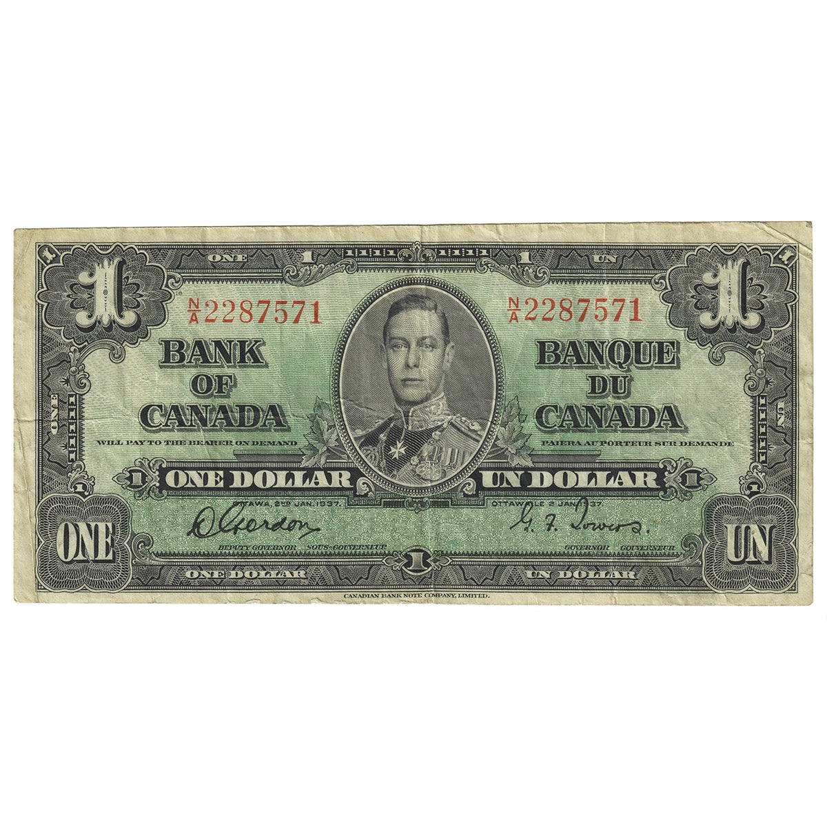 BC-21c 1937 Canada $1 Gordon-Towers, N/A, VF