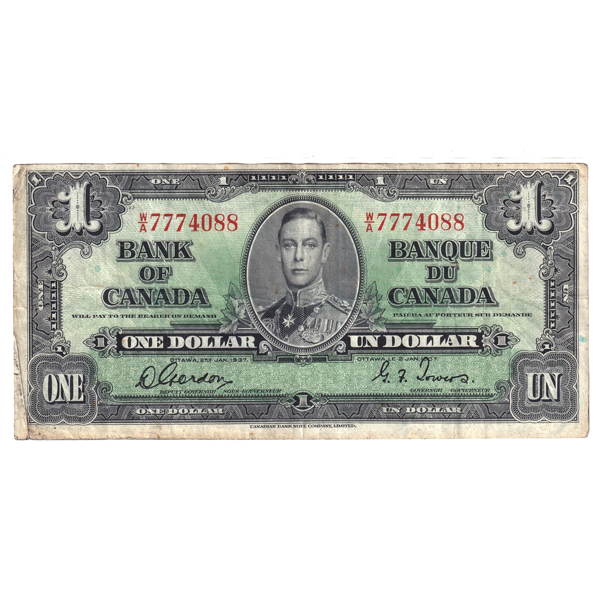 BC-21c 1937 Canada $1 Gordon-Towers, W/A, Very Fine (VF20)