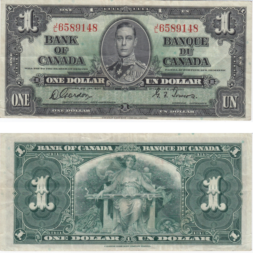 BC-21c 1937 Canada $1 Gordon-Towers, J/L, Very Fine (VF20)