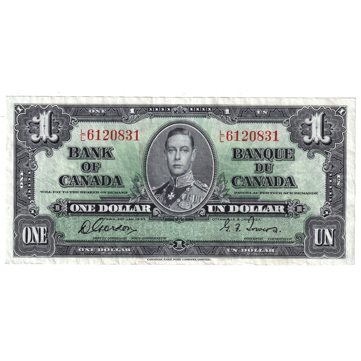 BC-21c 1937 Canada $1 Gordon-Towers, L/L, Very Fine (VF20)