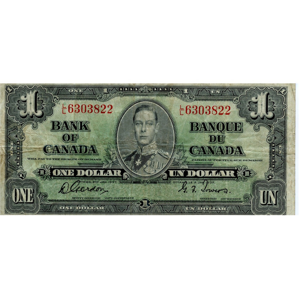 BC-21c 1937 Canada $1 Gordon-Towers, L/L, Fine (F12)