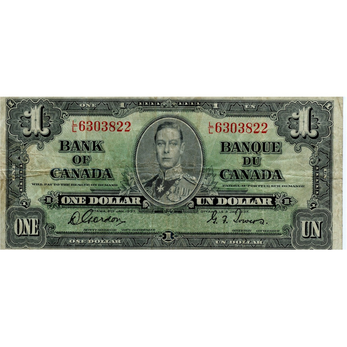 BC-21c 1937 Canada $1 Gordon-Towers, L/L, Fine (F12)
