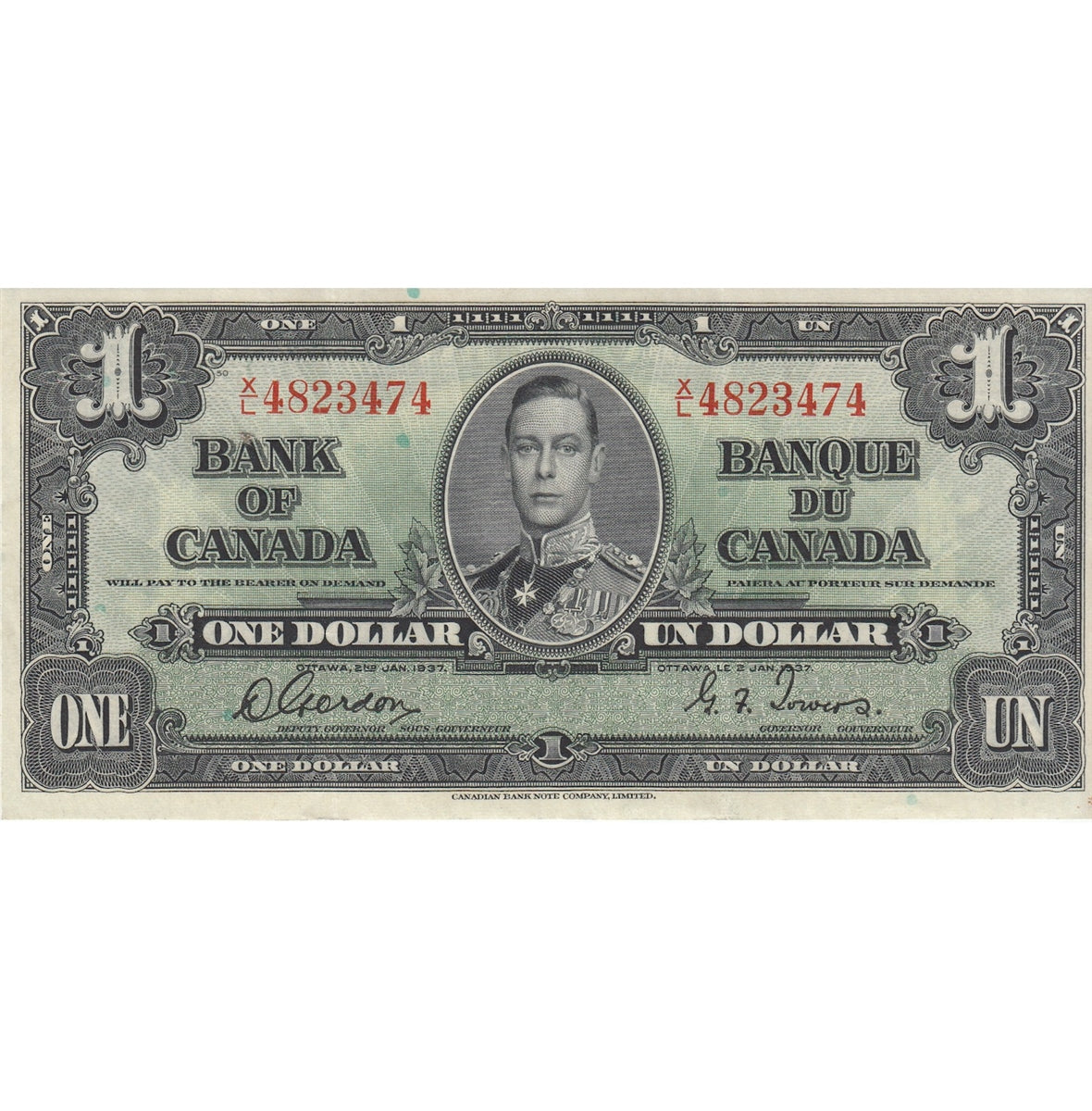 BC-21c 1937 Canada $1 Gordon-Towers, X/L, VF-EF (VF30)