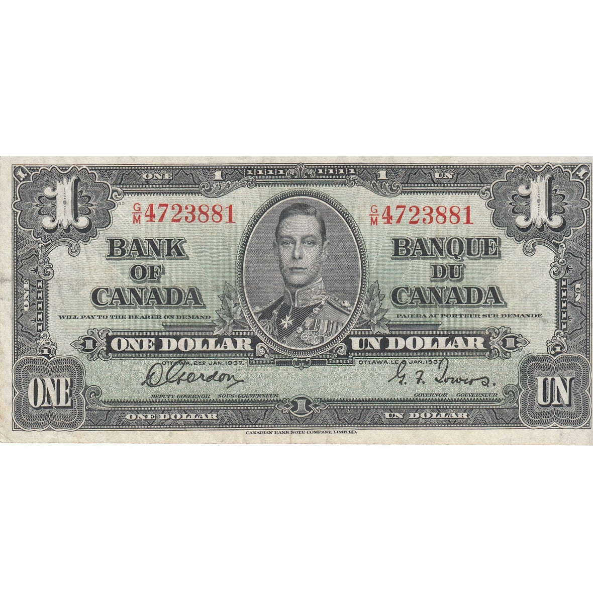 BC-21c 1937 Canada $1 Gordon-Towers, G/M, VF