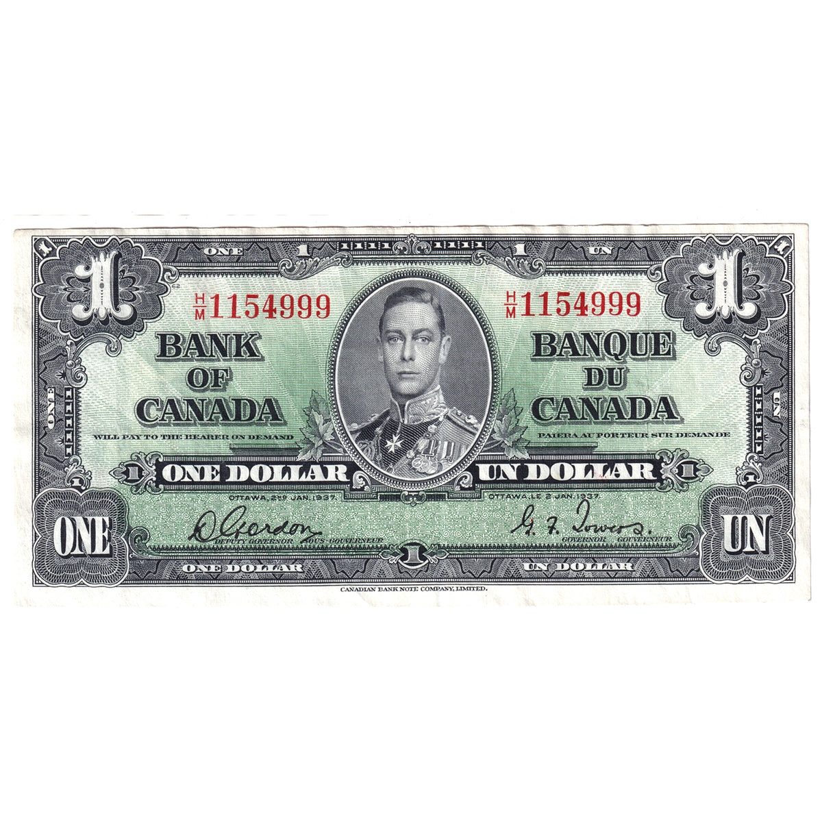 BC-21c 1937 Canada $1 Gordon-Towers, H/M, Very Fine (VF20)
